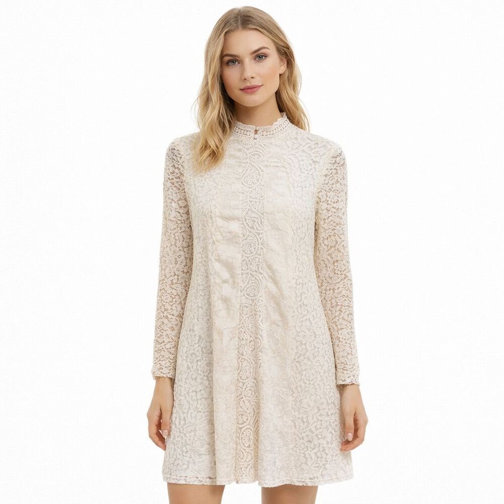 HD In Paris Dress Womens Medium White Lace Long Sleeve High Neck Shift Party